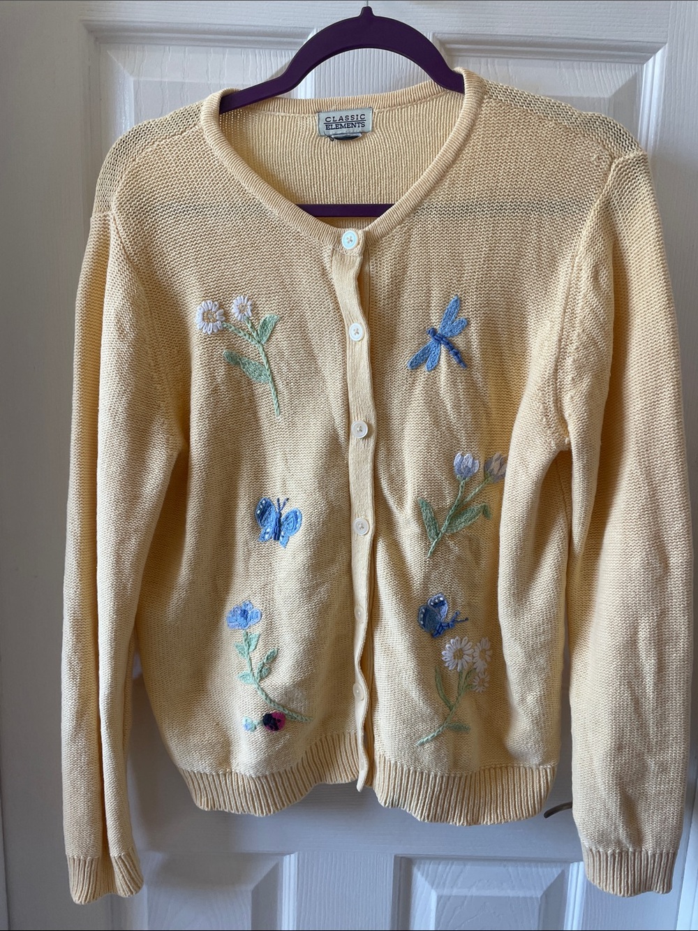 Classic Elements Embroidered vintage Floral Button-Front Cardigan Pale Yellow